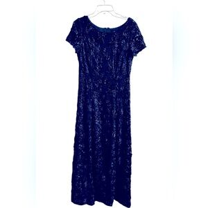 Alex Evenings, Navy, Sequin Floral Lace Ribbon Rosette Gown, size 10, maxi